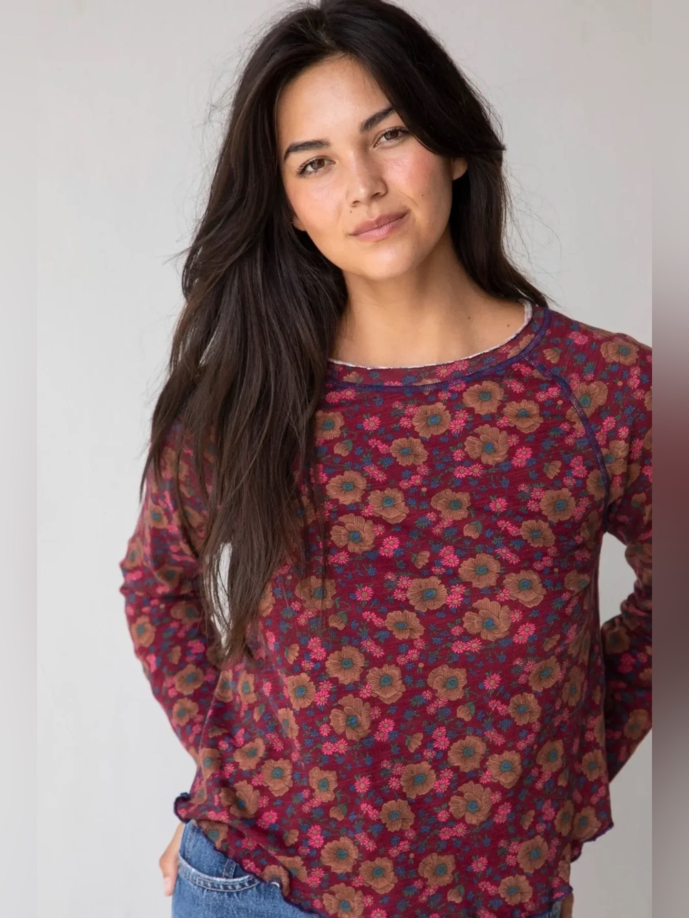 Natural Life Lily Cotton Long Sleeve Tee Shirt Cranberry Brown Floral Large NEW